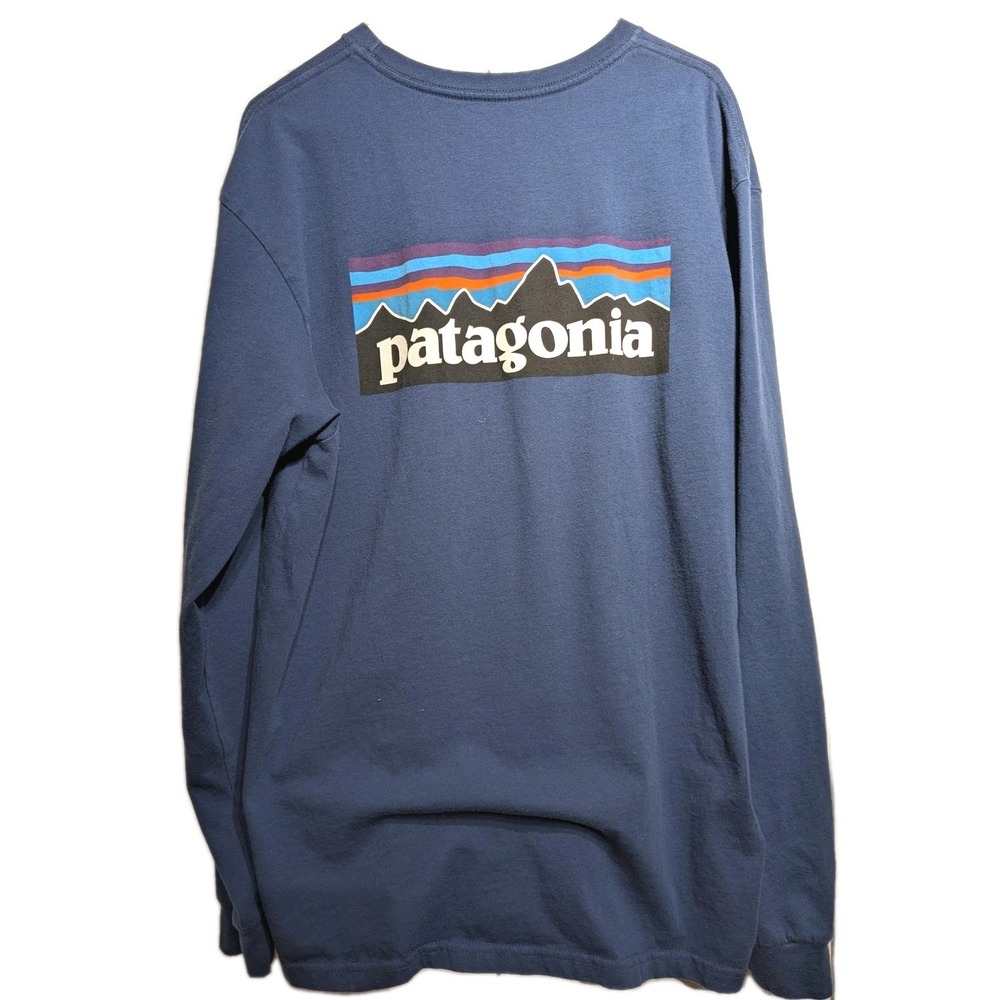 Patagonia Shirt Mens L Blue Long Sleeve P-6 Graphic on Back Organic Cotton USA